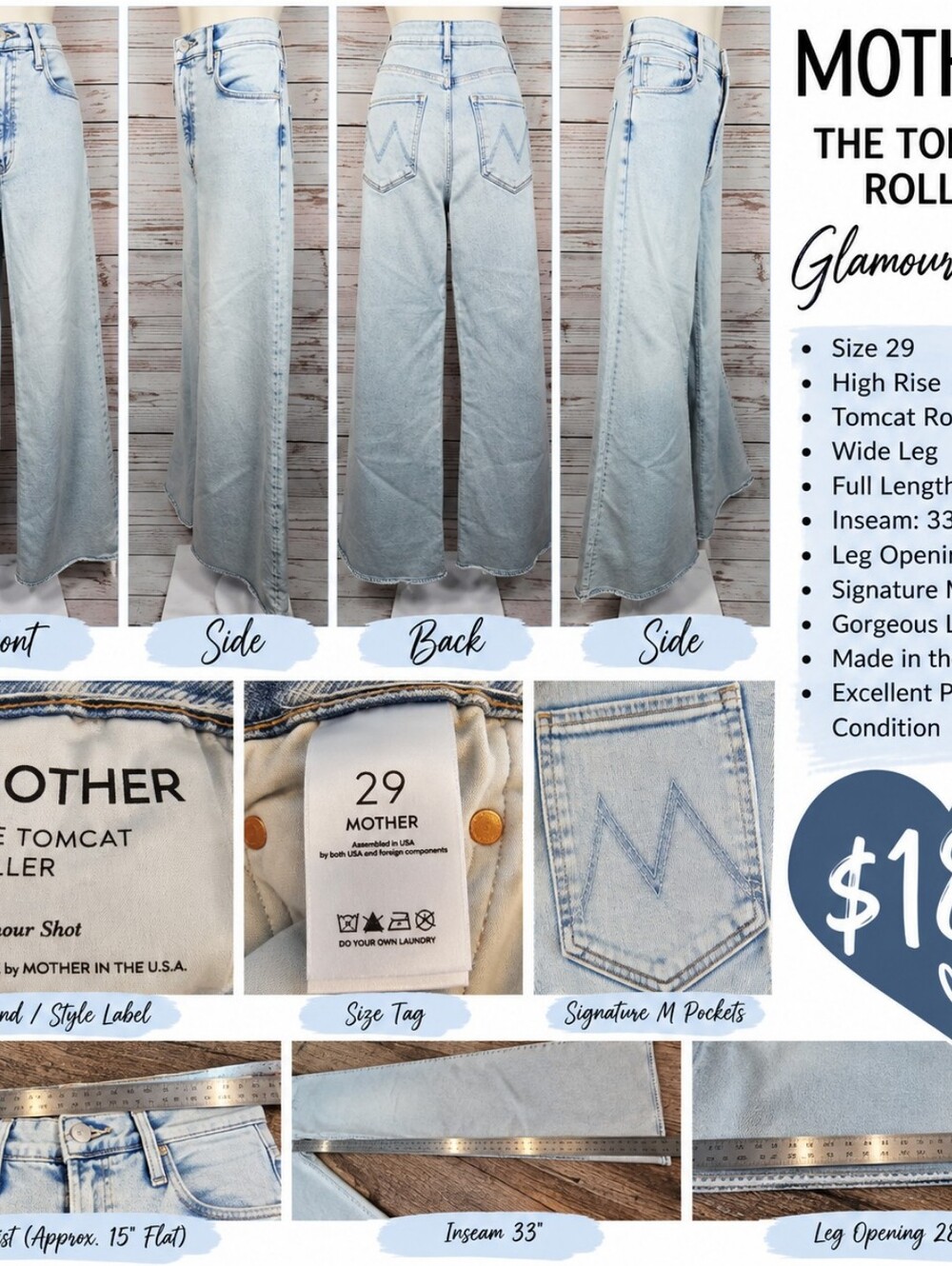 MOTHER The Tomcat Roller High Rise Wide Leg Jeans 29 Glamour Shot